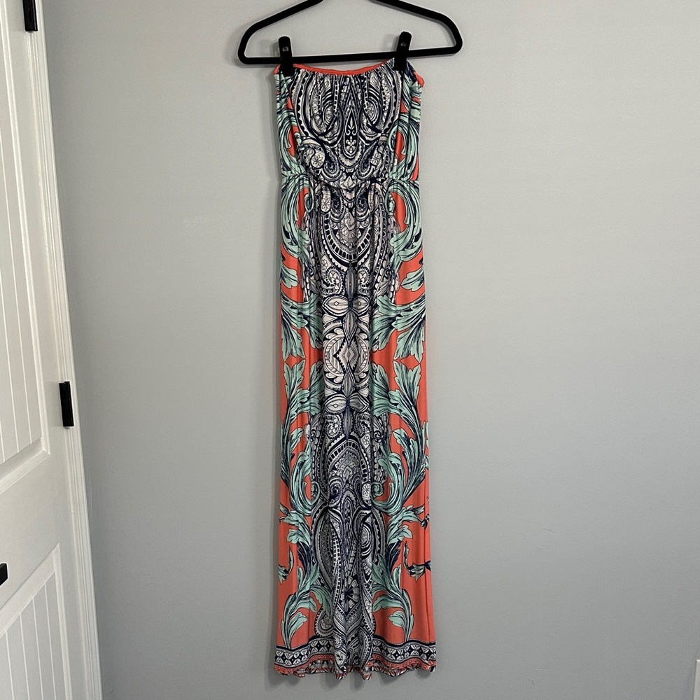 Windsor Strapless Dress with Navy and Coral Accents